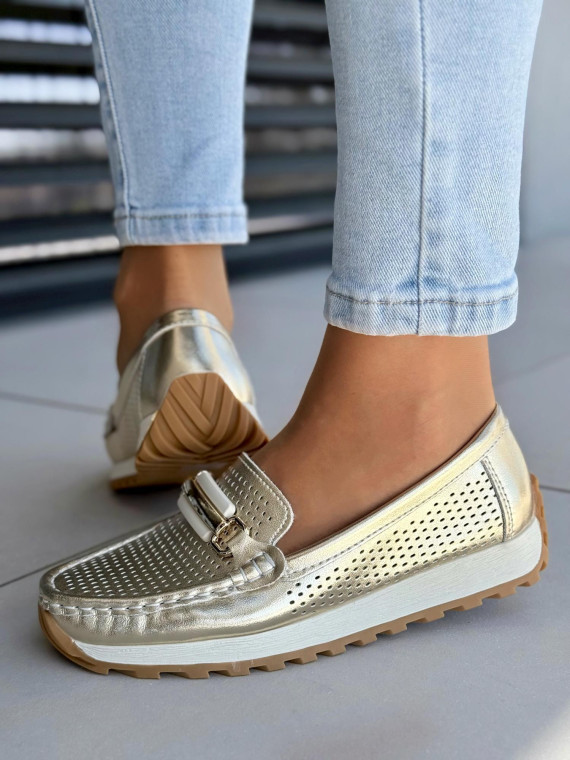 Mega wygodne złote mokasyny damskie ze skóry naturalnej