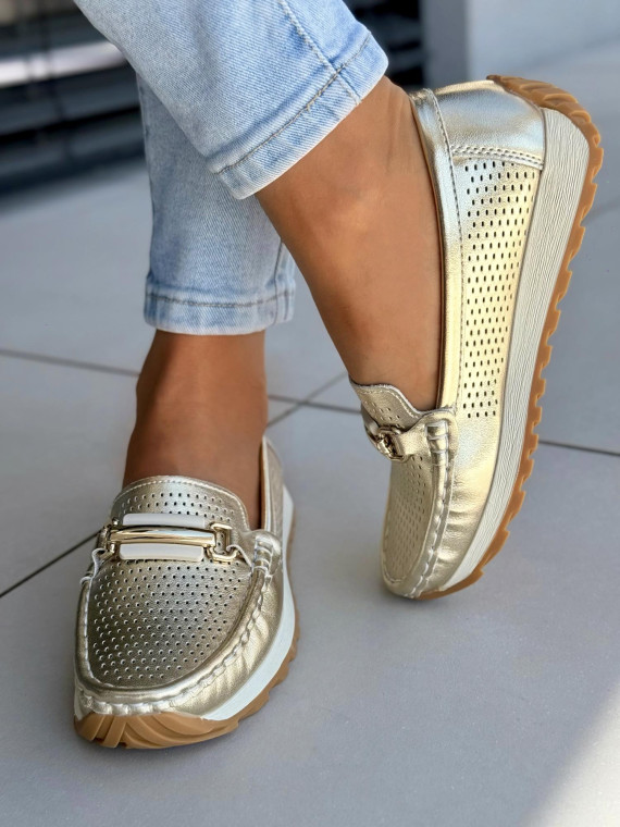 Mega wygodne złote mokasyny damskie ze skóry naturalnej