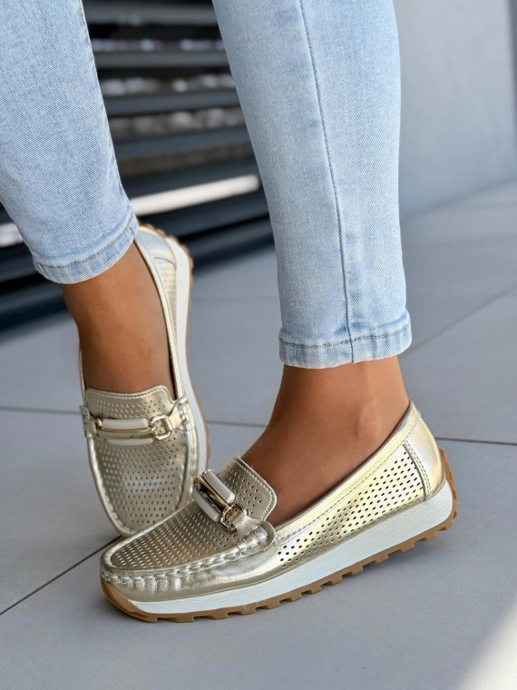 Mega wygodne złote mokasyny damskie ze skóry naturalnej