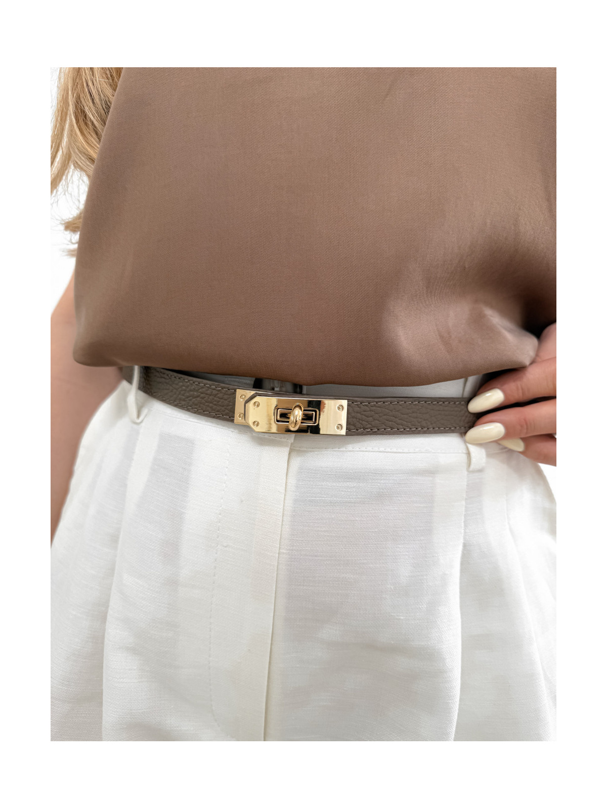 Pasek damski taupe ze skóry naturalnej