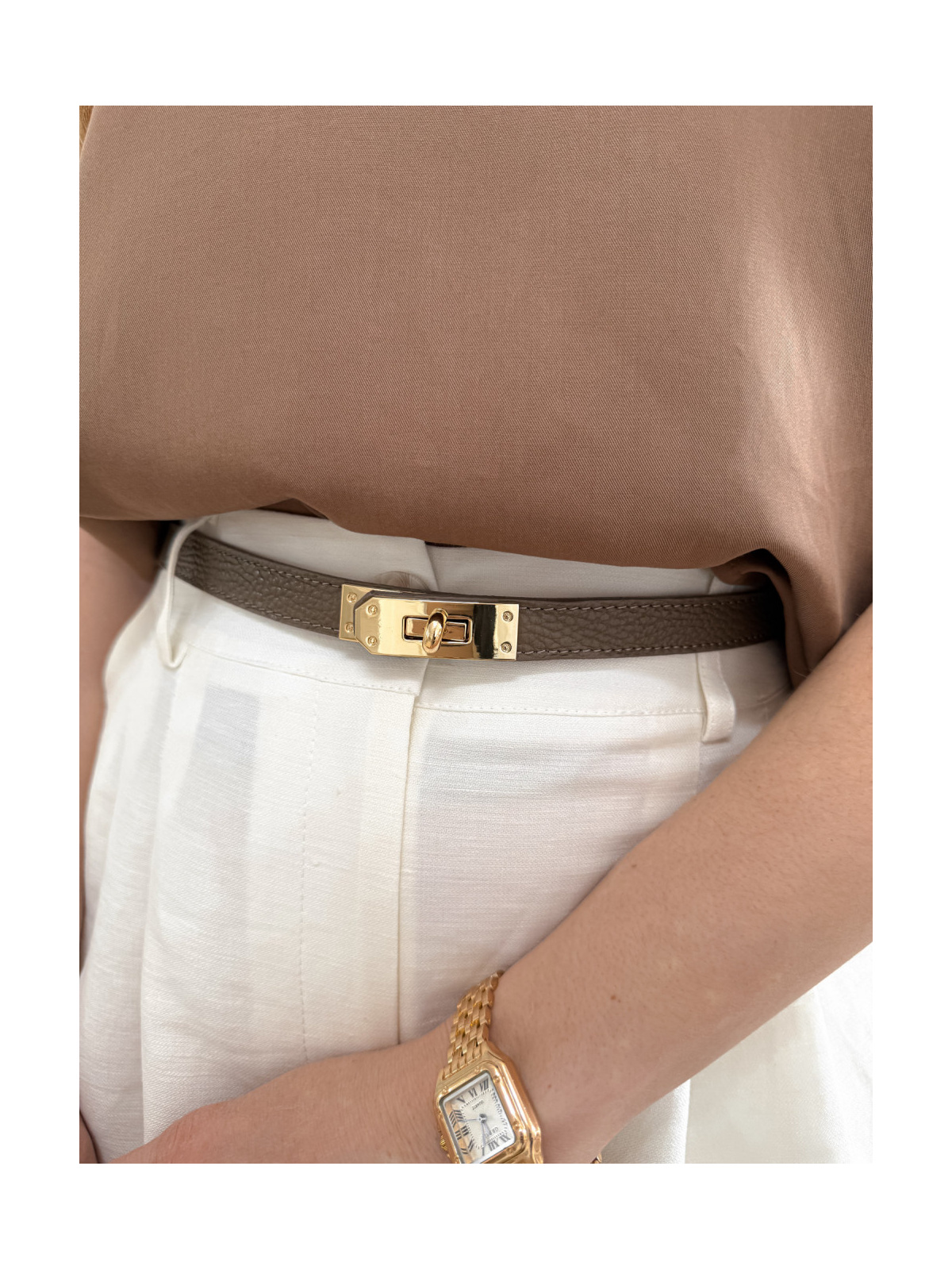 Pasek damski taupe ze skóry naturalnej