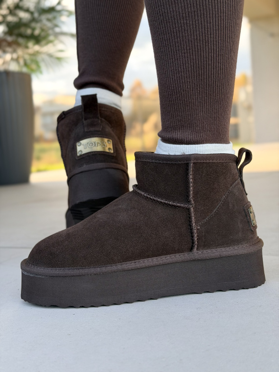 Brązowe Śniegowce ze Skóry naturalnej