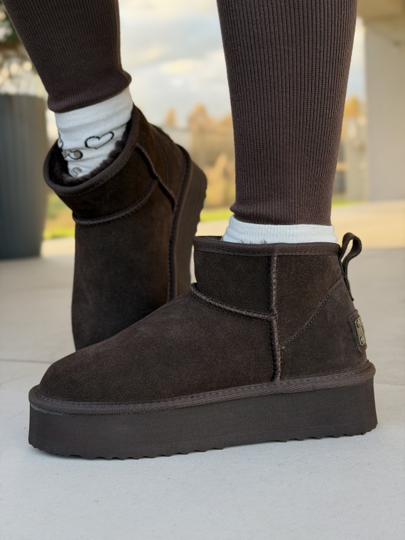 Brązowe Śniegowce ze Skóry naturalnej