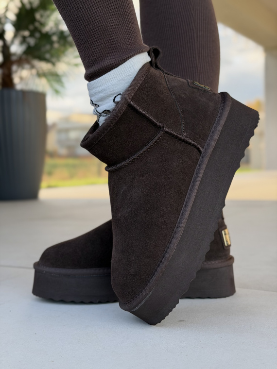 Brązowe Śniegowce ze Skóry naturalnej