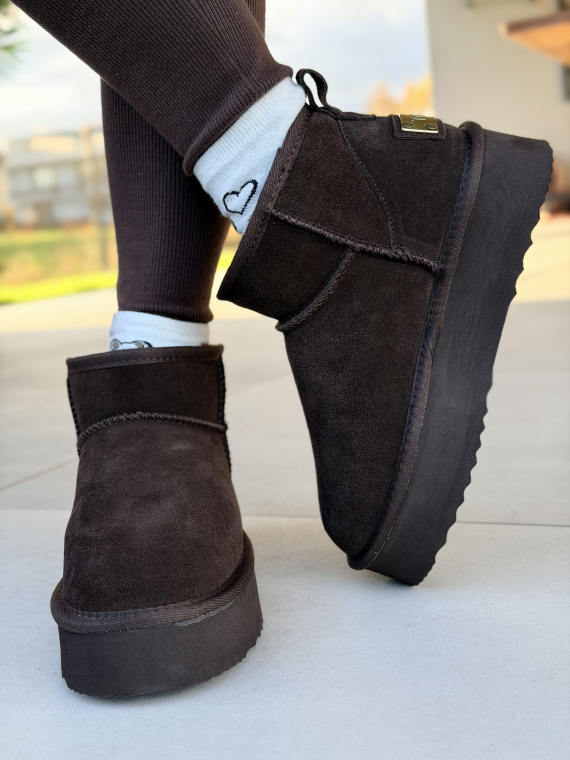 Brązowe Śniegowce ze Skóry naturalnej