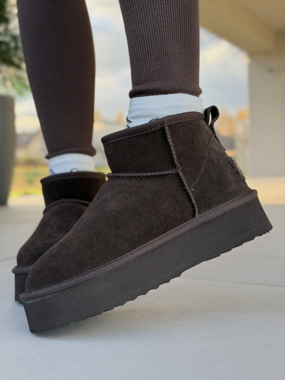 Brązowe Śniegowce ze Skóry naturalnej