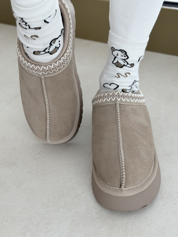 Beżowe Śniegowce ze Skóry naturalnej