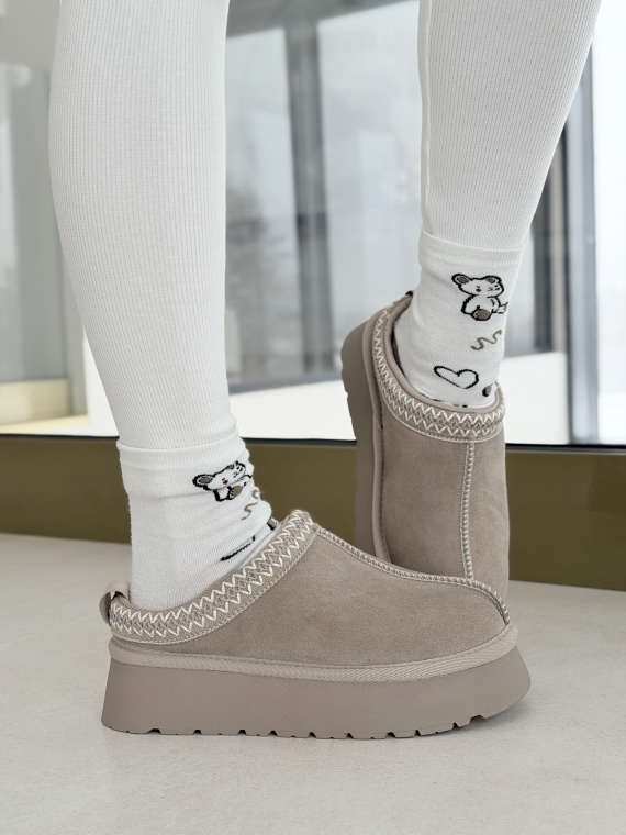 Beżowe Śniegowce ze Skóry naturalnej