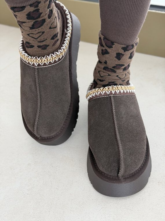 Brązowe Śniegowce ze Skóry naturalnej