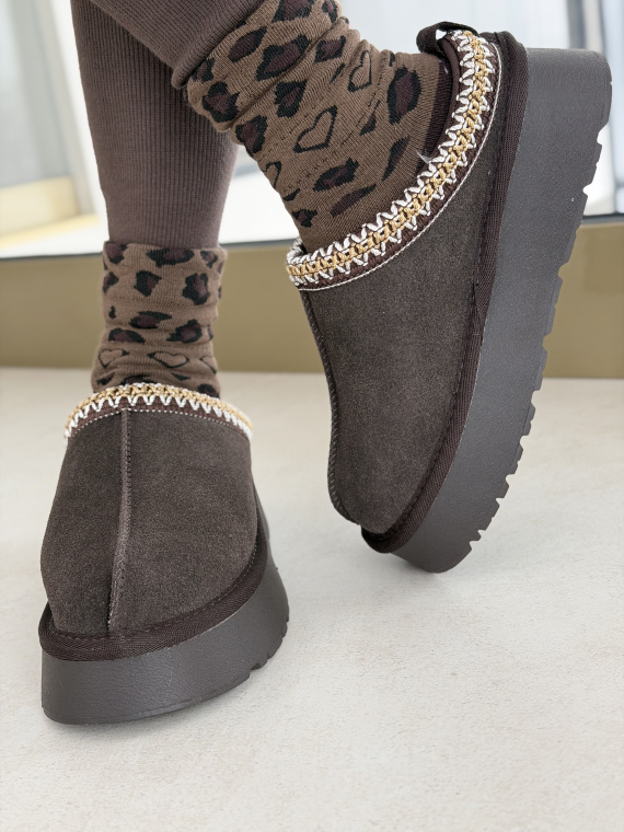 Brązowe Śniegowce ze Skóry naturalnej