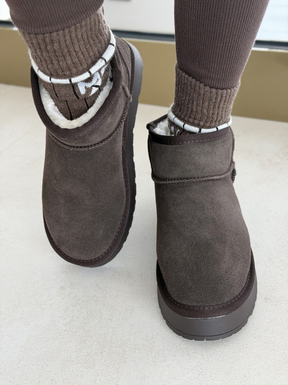 Brązowe Śniegowce ze Skóry naturalnej