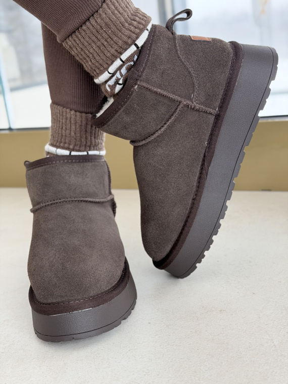 Brązowe Śniegowce ze Skóry naturalnej