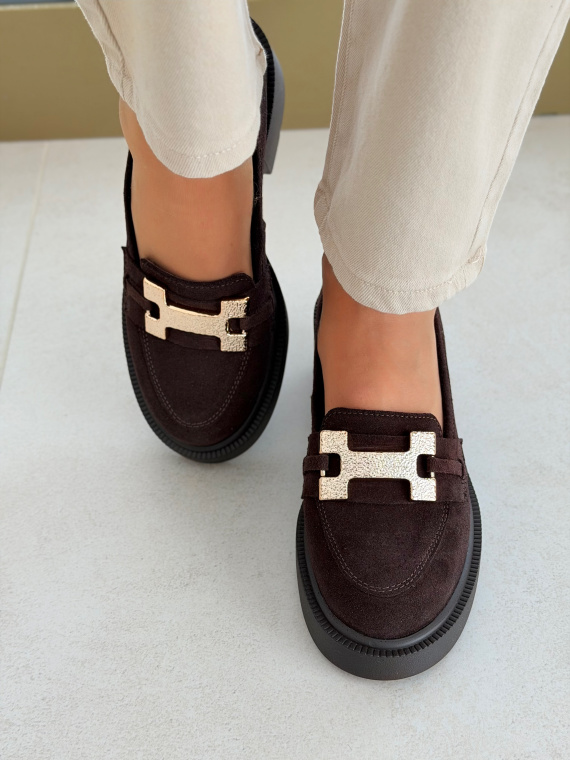 Brązowe skórzane mokasyny zamszowe na słupku OLEKSY