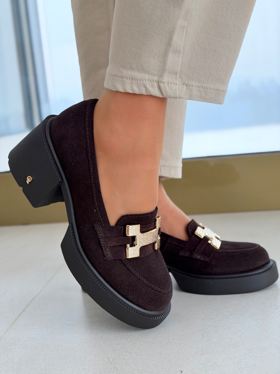 Brązowe skórzane mokasyny zamszowe na słupku OLEKSY