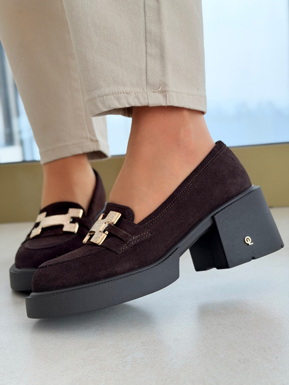 Brązowe skórzane mokasyny zamszowe na słupku OLEKSY