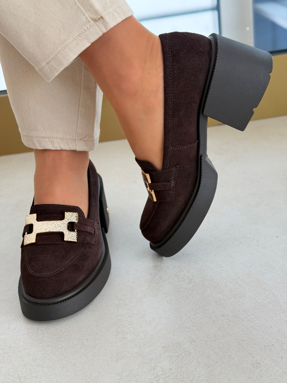 Brązowe skórzane mokasyny zamszowe na słupku OLEKSY