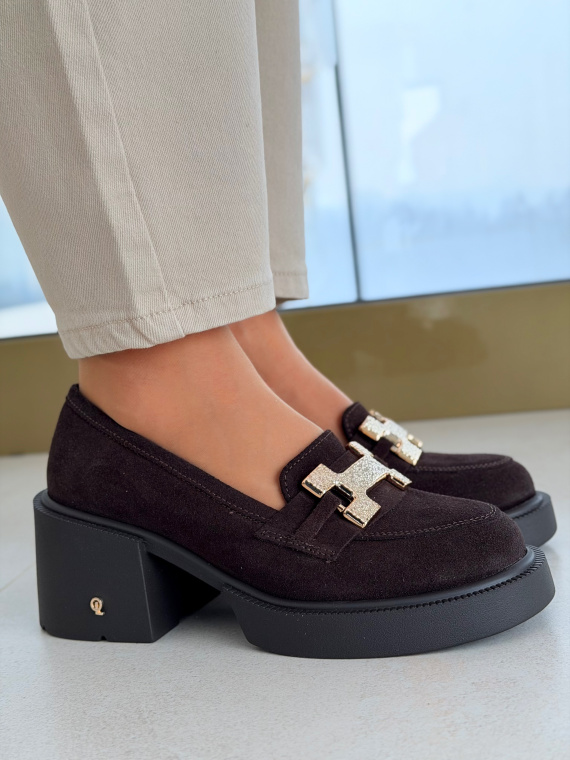 Brązowe skórzane mokasyny zamszowe na słupku OLEKSY