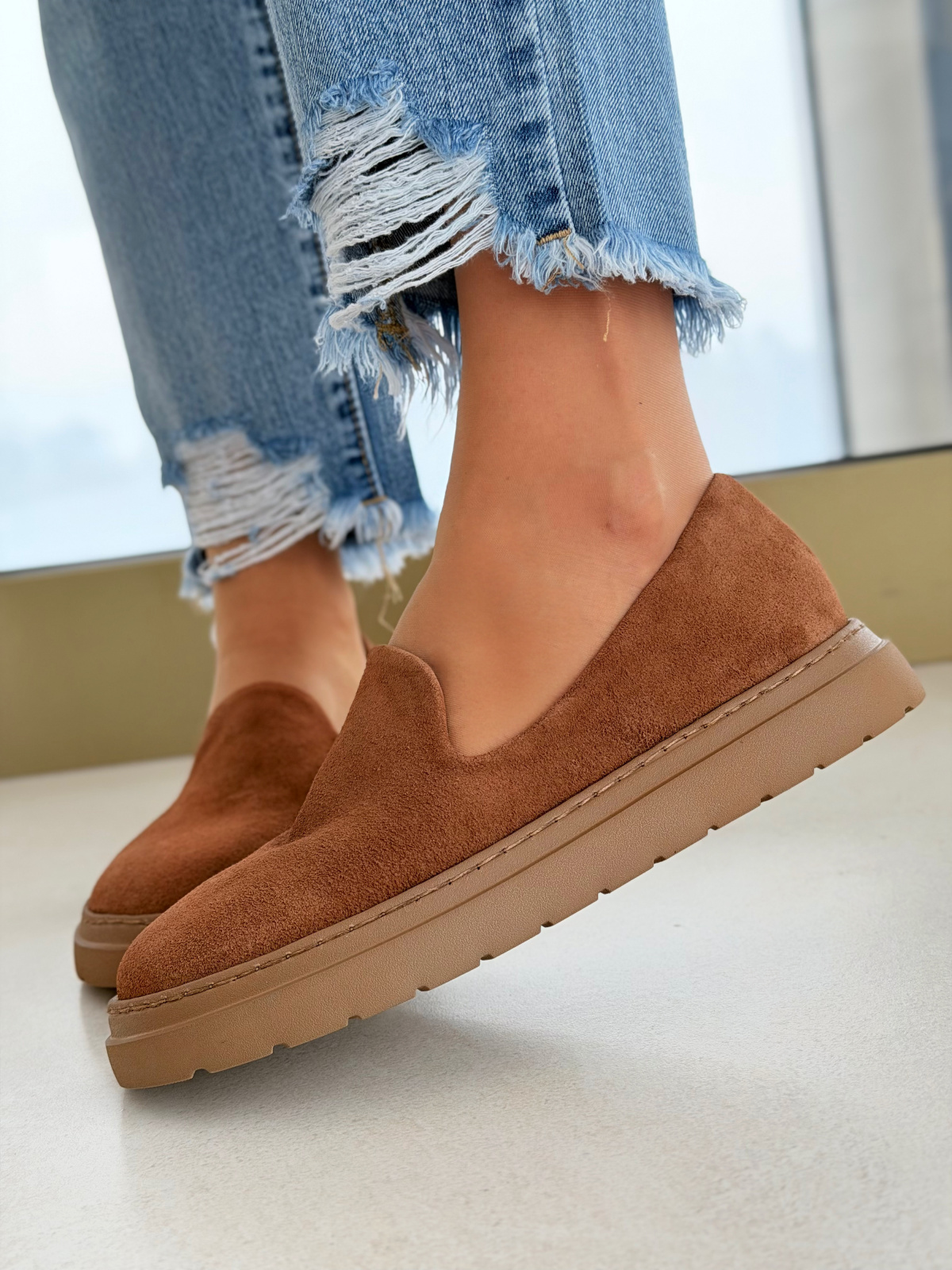 Brązowe mokasyny barefoot zamszowe skórzane casual damskie OLEKSY