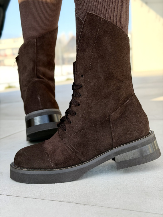 Brązowe zamszowe botki damskie sznurowane OLEKSY