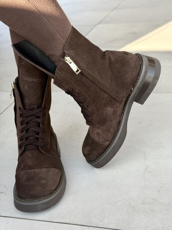 Brązowe zamszowe botki damskie sznurowane OLEKSY