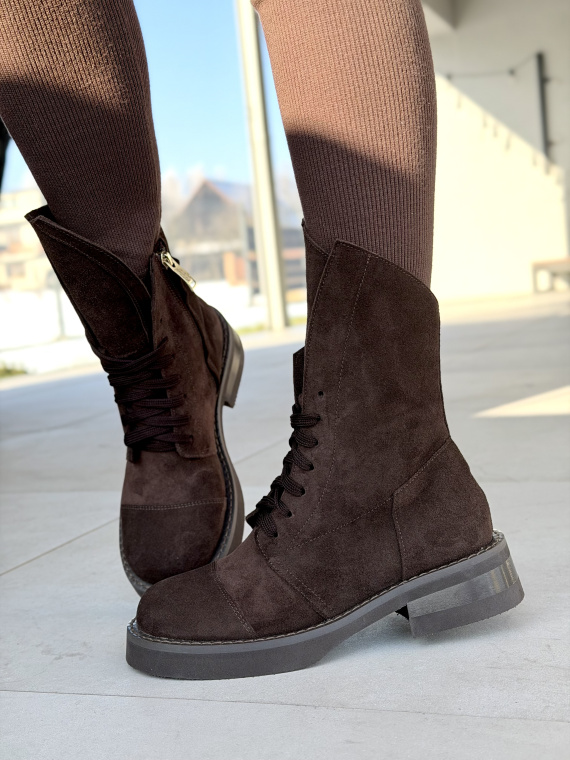 Brązowe zamszowe botki damskie sznurowane OLEKSY