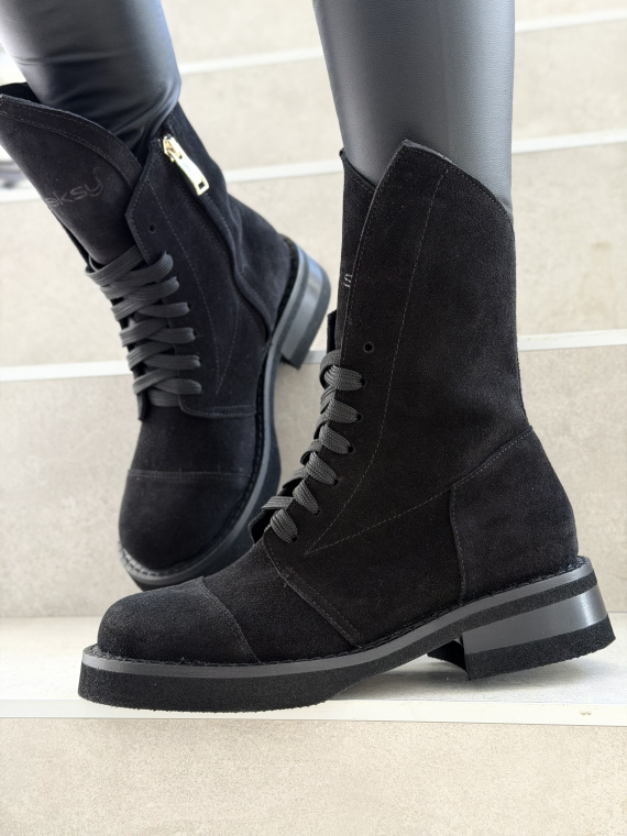 Czarne zamszowe botki skórzane sznurowane OLEKSY