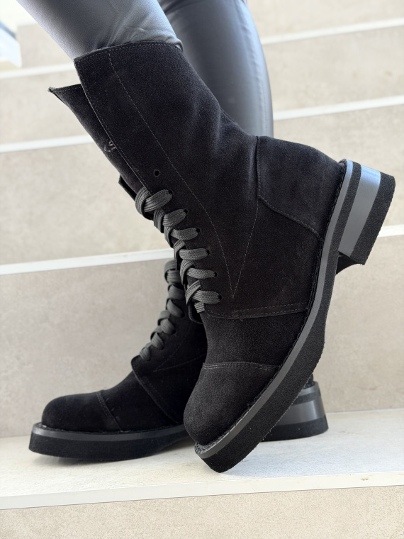 Czarne zamszowe botki skórzane sznurowane OLEKSY