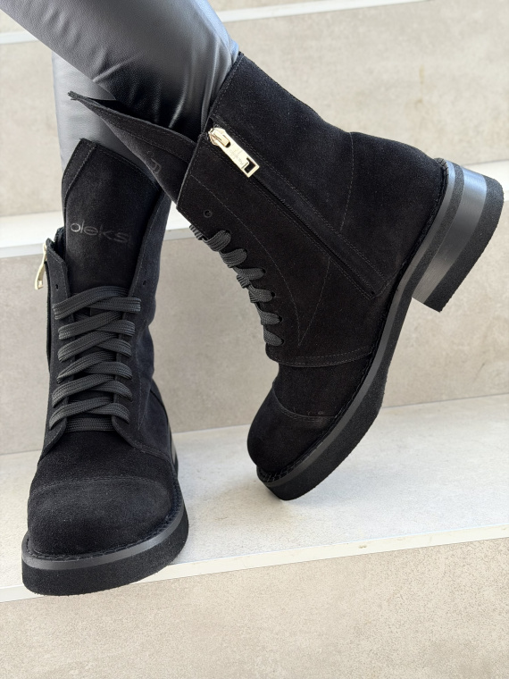 Czarne zamszowe botki skórzane sznurowane OLEKSY