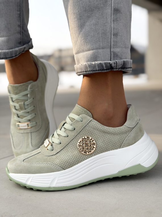 Miętowe sneakersy ze skóry naturalnej casual