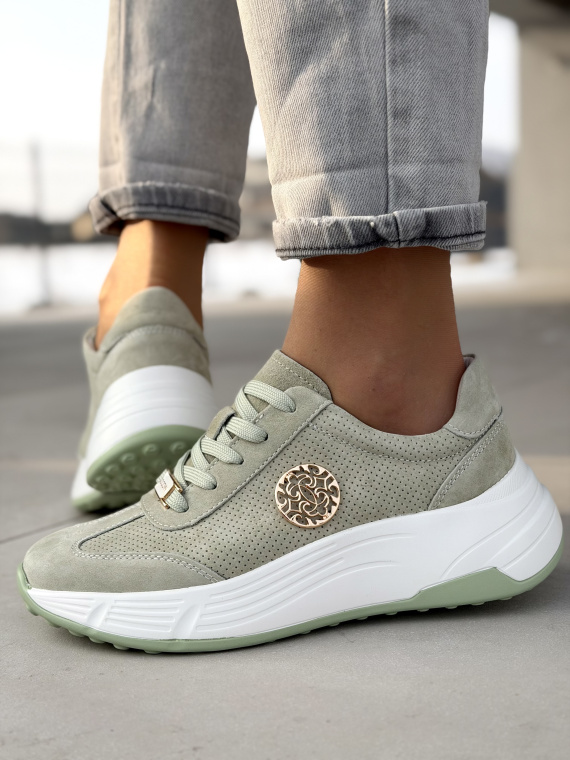 Miętowe sneakersy ze skóry naturalnej casual