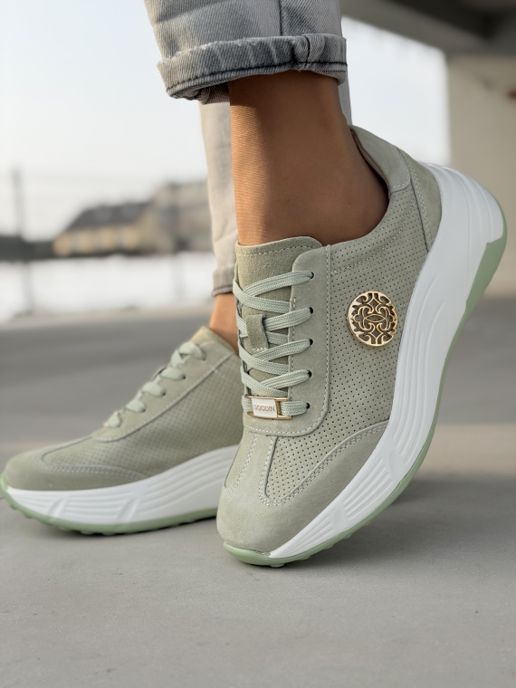 Miętowe sneakersy ze skóry naturalnej casual