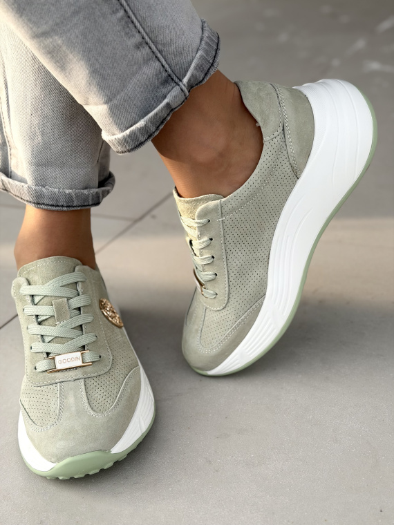 Miętowe sneakersy ze skóry naturalnej casual