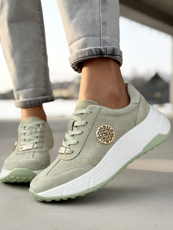 Miętowe sneakersy ze skóry naturalnej casual