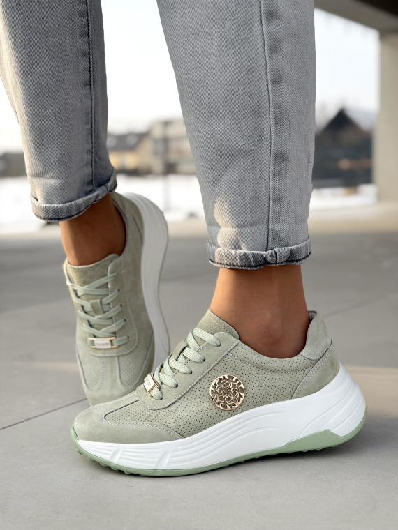 Miętowe sneakersy ze skóry naturalnej casual