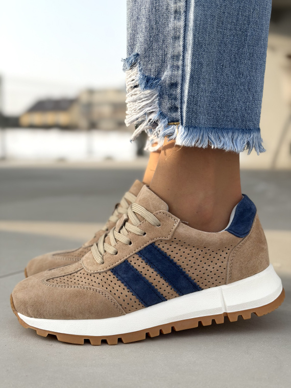 Beżowe sneakersy skórzane casual zamszowe