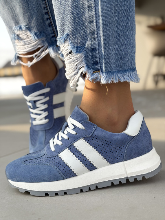 Niebieskie sneakersy damskie skórzane casual zamszowe