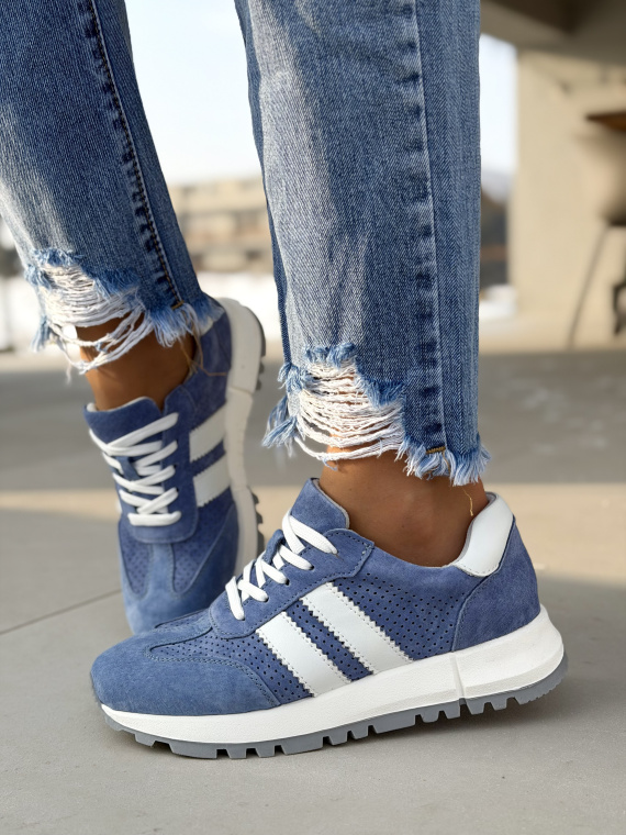 Niebieskie sneakersy damskie skórzane casual zamszowe