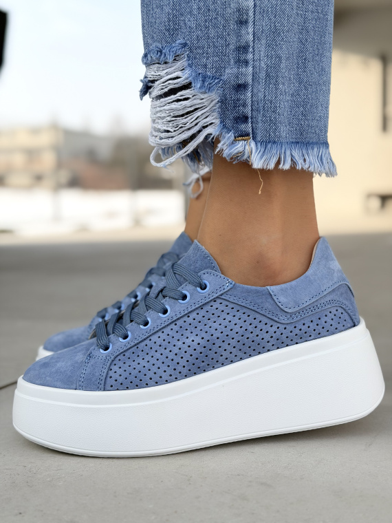 Niebieskie sneakersy damskie ze skóry naturalnej casual