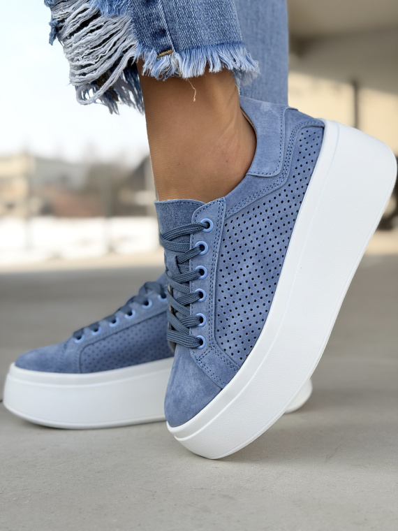 Niebieskie sneakersy damskie ze skóry naturalnej casual