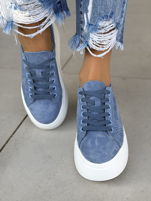 Niebieskie sneakersy damskie ze skóry naturalnej casual