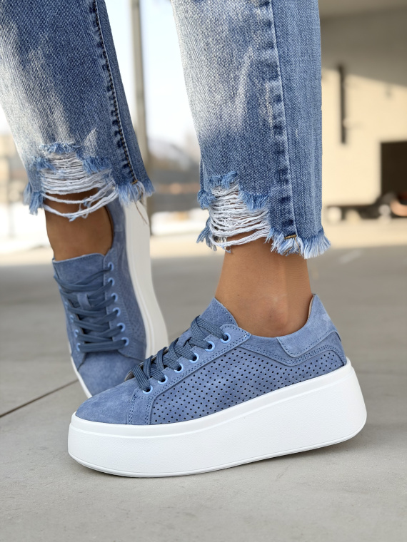 Niebieskie sneakersy damskie ze skóry naturalnej casual