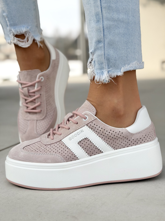 Różowe sneakersy skórzane na platformie casual