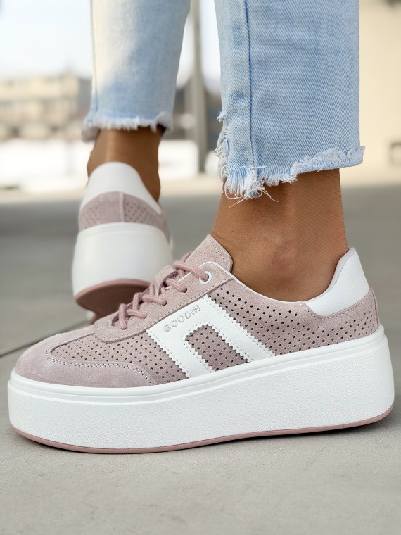 Różowe sneakersy skórzane na platformie casual