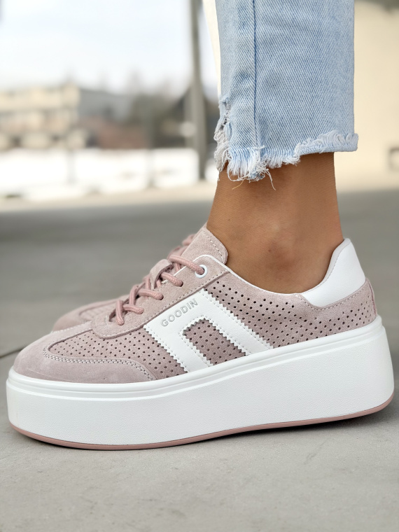 Różowe sneakersy skórzane na platformie casual