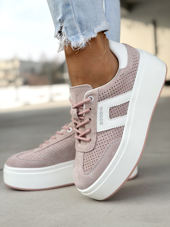 Różowe sneakersy skórzane na platformie casual