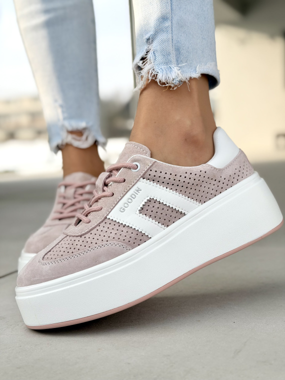 Różowe sneakersy skórzane na platformie casual