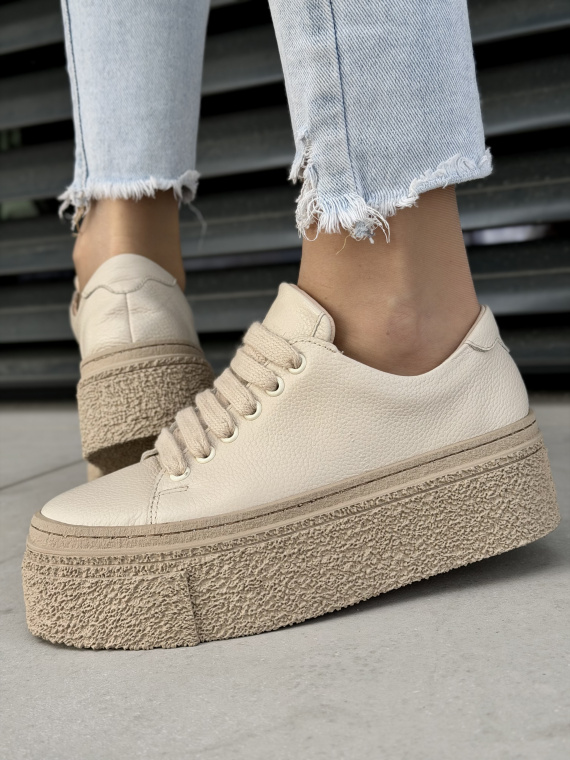 Beżowe sneakersy skórzane na platformie casualowe OLEKSY