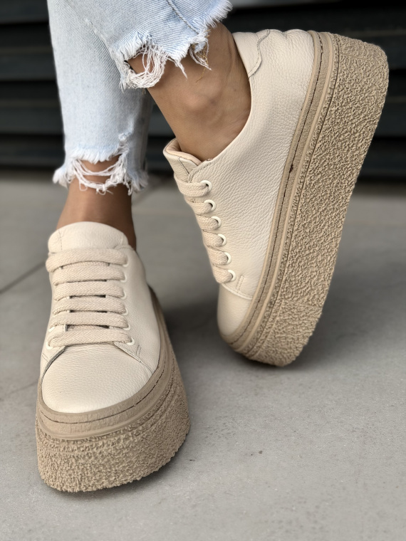 Beżowe sneakersy skórzane na platformie casualowe OLEKSY