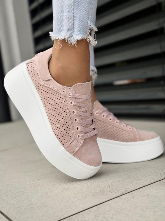 Różowe sneakersy damskie ze skóry naturalnej na platformie casual