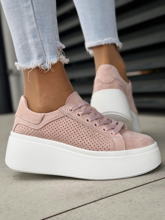 Różowe sneakersy damskie ze skóry naturalnej na platformie casual